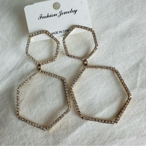 Pave Crystal Geometric Drop Earrings Gold Tone - Picture 3 of 13